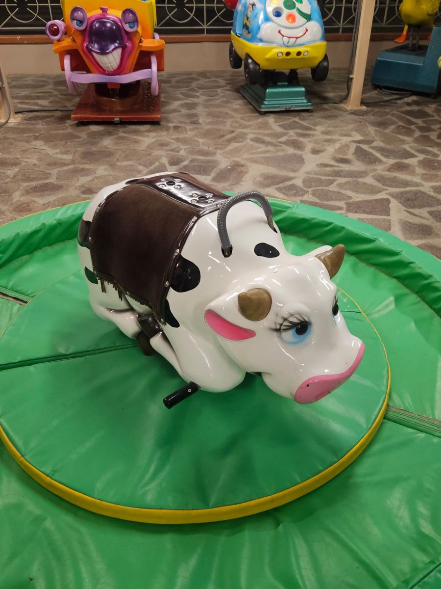 Mucca meccanica da cavalcare per bambini, su un materassino rotondo